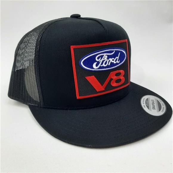 F150 Retro Mustan Ford V8 Embroidered Patch Black Flat Bill Trucker Mesh Cap Hat - Picture 3 of 5